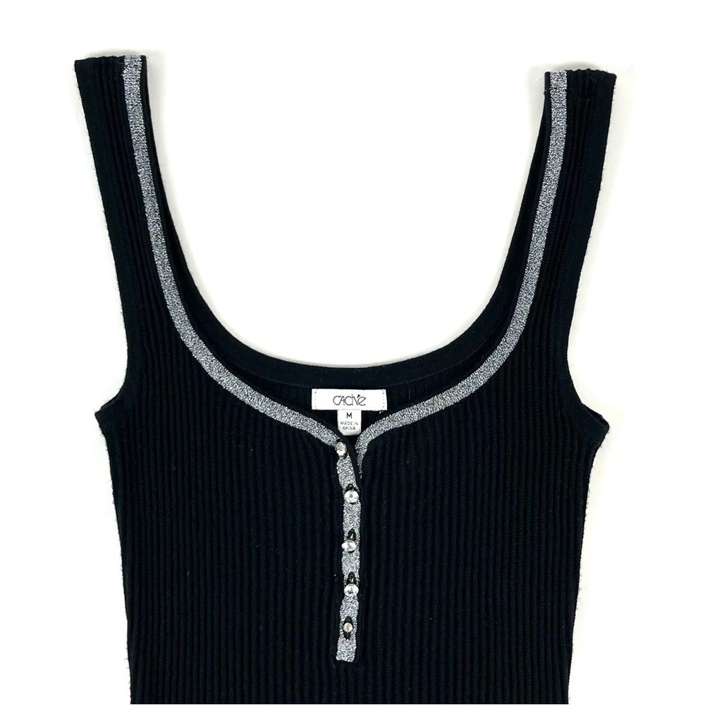 Cache Black Ribbed Sparkle Trim Button Up Tank Top - image 3